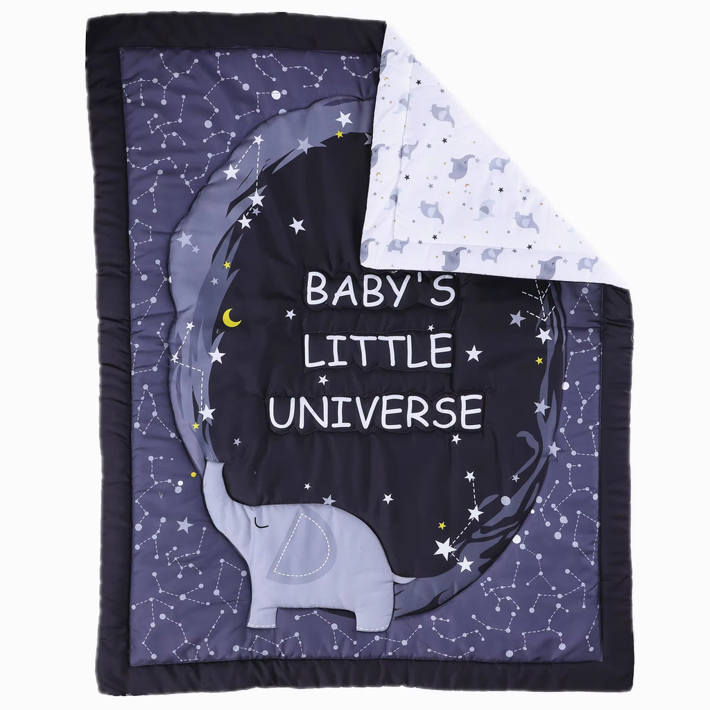 3Pcs Stars Elephant Crib Bedding Sets Crib Set Nursery Bedding Neutral Decor Black (Baby Comforter Fitted Sheet Crib Skirt)