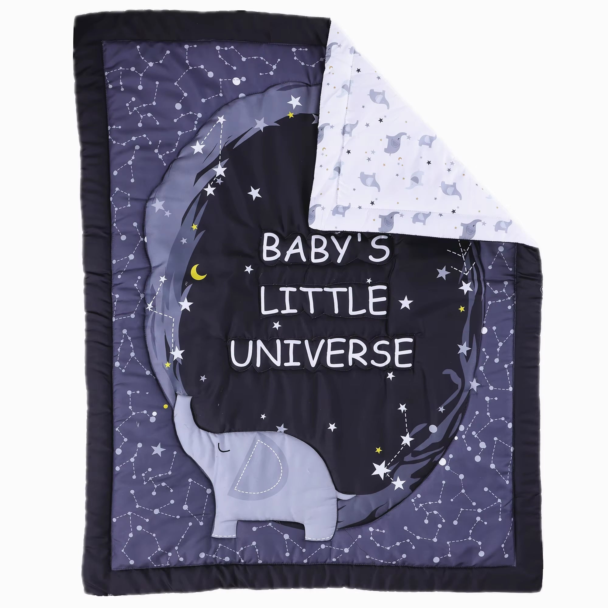 3Pcs Stars Elephant Crib Bedding Sets Crib Set Nursery Bedding Neutral Decor Black (Baby Comforter Fitted Sheet Crib Skirt)