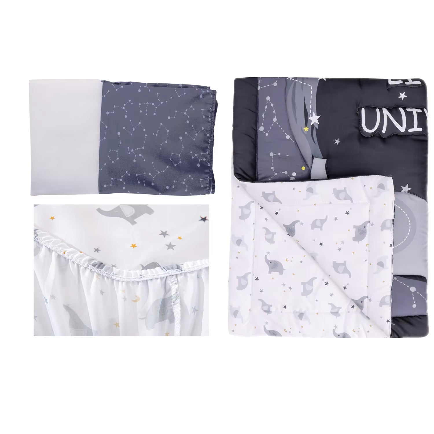 3Pcs Stars Elephant Crib Bedding Sets Crib Set Nursery Bedding Neutral Decor Black (Baby Comforter Fitted Sheet Crib Skirt)