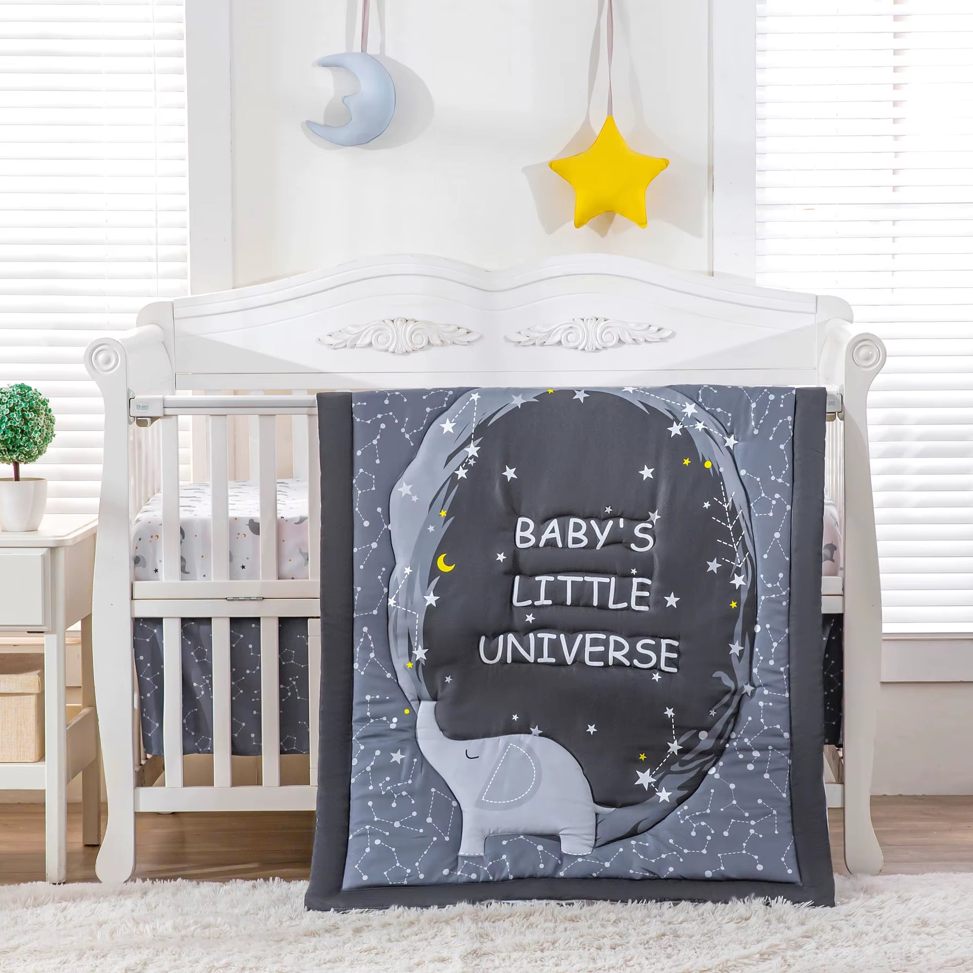 3Pcs Stars Elephant Crib Bedding Sets Crib Set Nursery Bedding Neutral Decor Black (Baby Comforter Fitted Sheet Crib Skirt)