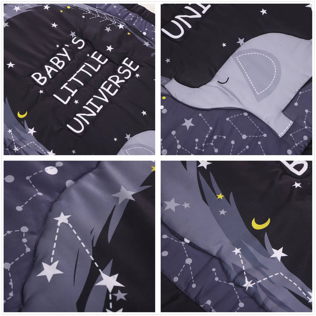 3Pcs Stars Elephant Crib Bedding Sets Crib Set Nursery Bedding Neutral Decor Black (Baby Comforter Fitted Sheet Crib Skirt)