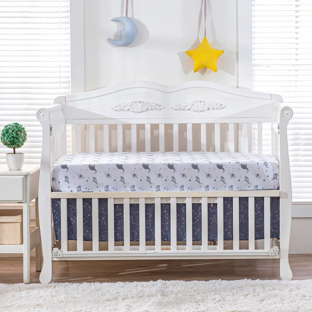 3Pcs Stars Elephant Crib Bedding Sets Crib Set Nursery Bedding Neutral Decor Black (Baby Comforter Fitted Sheet Crib Skirt)