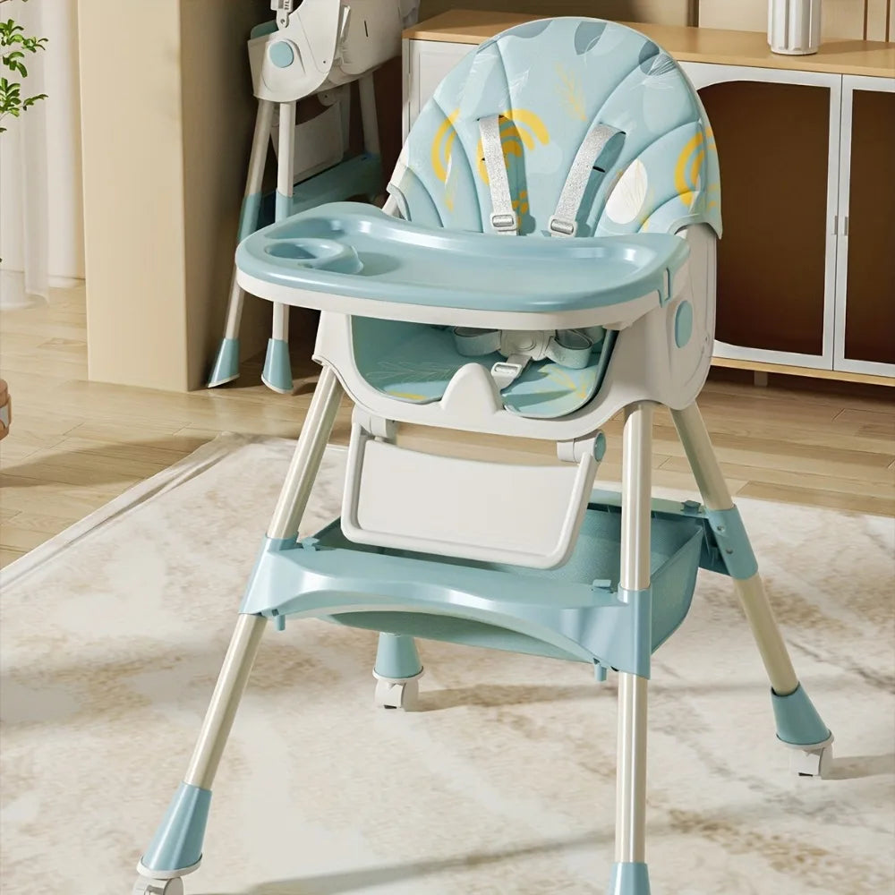3-In-1 Convertible Baby High Chair Foldable Infant Chair Rocking Chair with Harness Lockable Wheels Removable Seat & Trays
