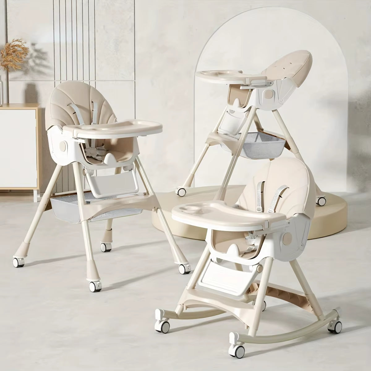 3-In-1 Convertible Baby High Chair Foldable Infant Chair Rocking Chair with Harness Lockable Wheels Removable Seat & Trays